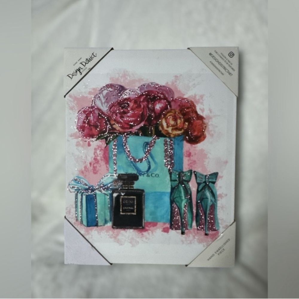 Design District Teal Floral Tiffany Gift Bag Painting with Pink Roses